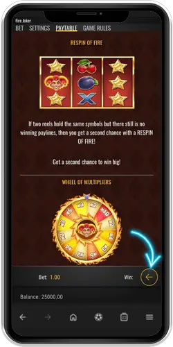 Fire Joker demo paytable respin and wheel
