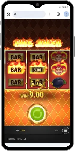 Fire Joker demo Android portrait showing bar symbols and win display